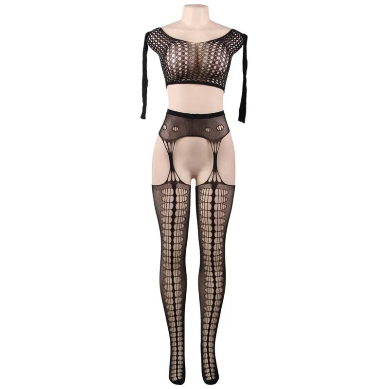 Combinaison résille noire transparente, manches longues, design sculptant et élégant, pour une silhouette glamour et sensu...