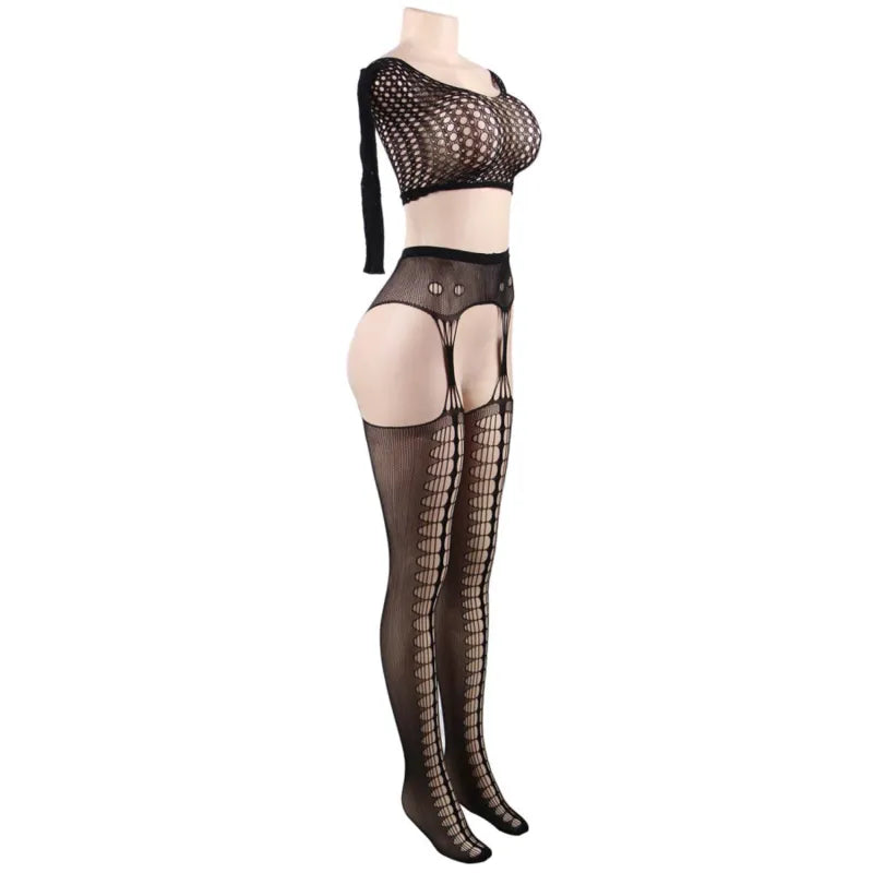 Combinaison résille noire transparente manches longues, design audacieux et moulant, élégance sensuelle et glamour.