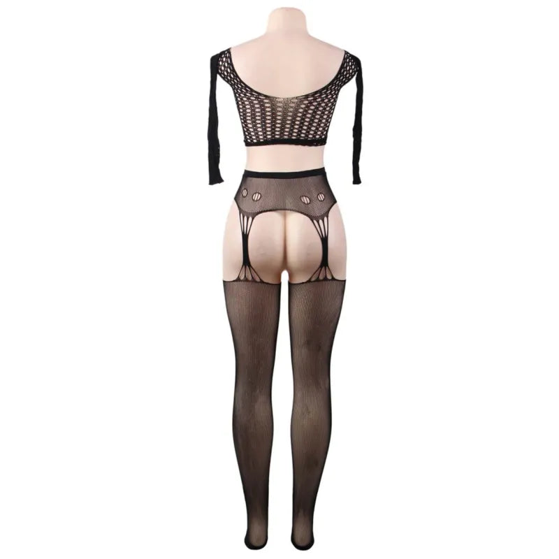 Combinaison résille noire manches longues, transparente et moulante, design audacieux et élégant, tissu extensible.