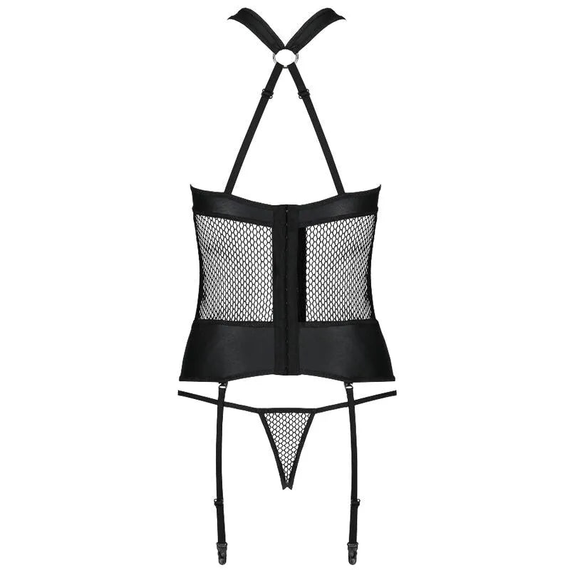 Corset Amanda noir en cuir écologique, maille sensuelle, bretelles réglables, détails dorés, soutien raffiné et durable.