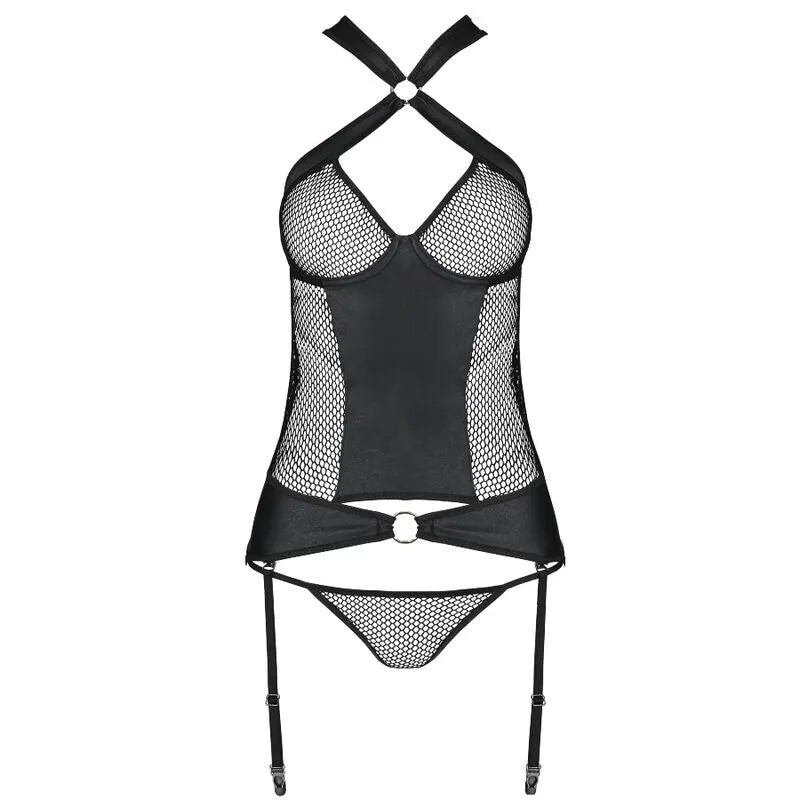Corset noir Passion Amanda en cuir écologique, maille transparente, joints dorés, bonnets à armatures, taille L/XL.