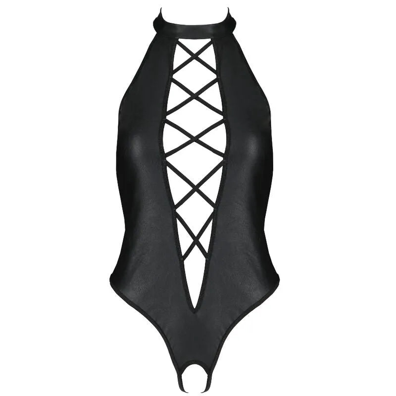 lingerie cuir noir décolleté profond femmes modernes Passion écologique sensuel confortable silhouette audacieuse bretelles croisées fabriquée européenne polyuréthane polyester doux