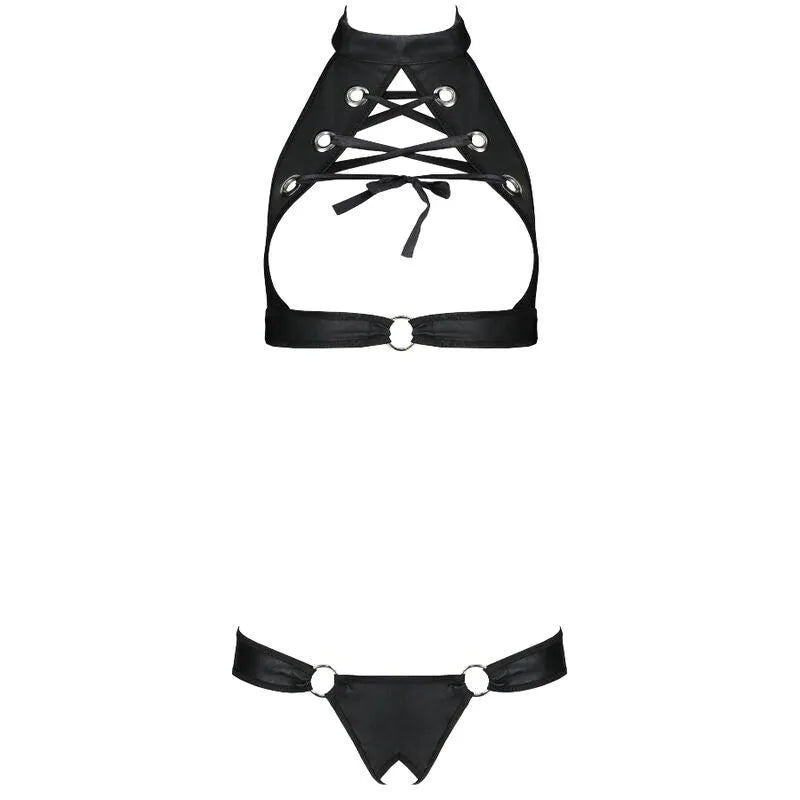 Ensemble lingerie cuir écologique noir, soutien-gorge seins nus à lacets, string découpé, style moderne et sensuel.