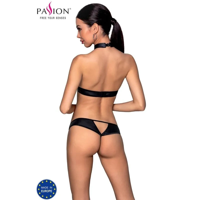 Ensemble lingerie cuir écologique noir, soutien-gorge seins nus, string découpé, design moderne et sensuel pour femmes.
