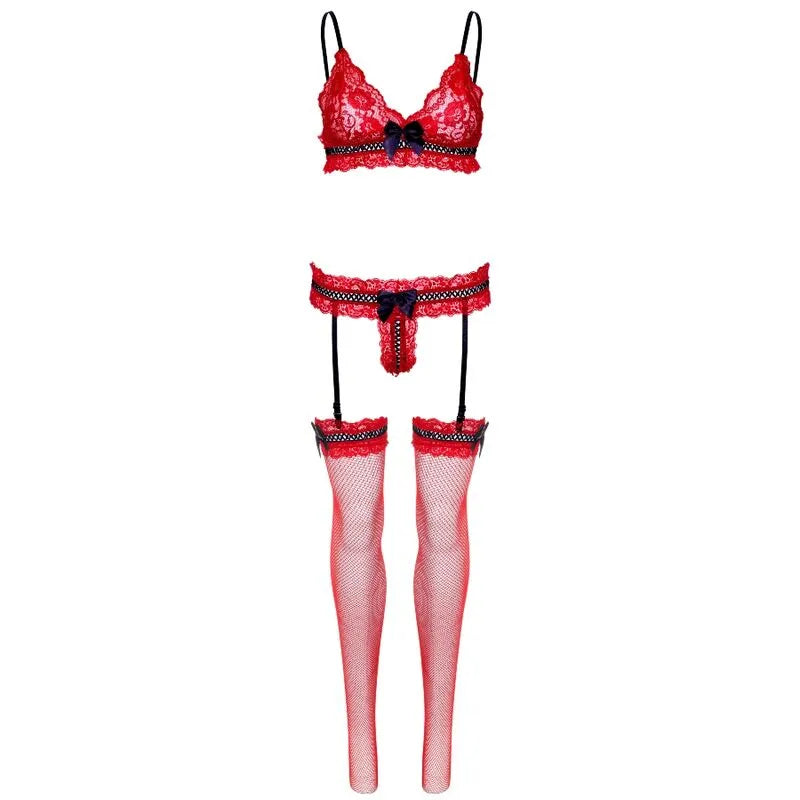 Ensemble lingerie rouge en dentelle avec volants réglables, trois pièces, élégant et féminin, Leg Avenue.