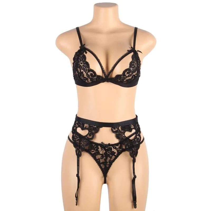 Ensemble lingerie noir trois pièces Subblime avec soutien-gorge, porte-jarretelles et string en dentelle élégante.