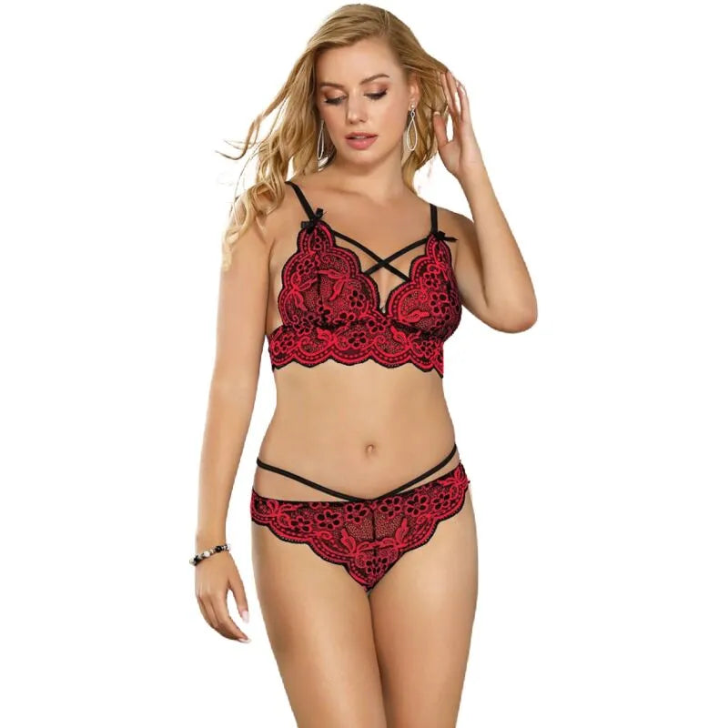 ensemble lingerie dentelle rouge noir sexy confortable haute qualité broderies sophistiquées bretelles réglables fermeture multipoints string haut taille L XL