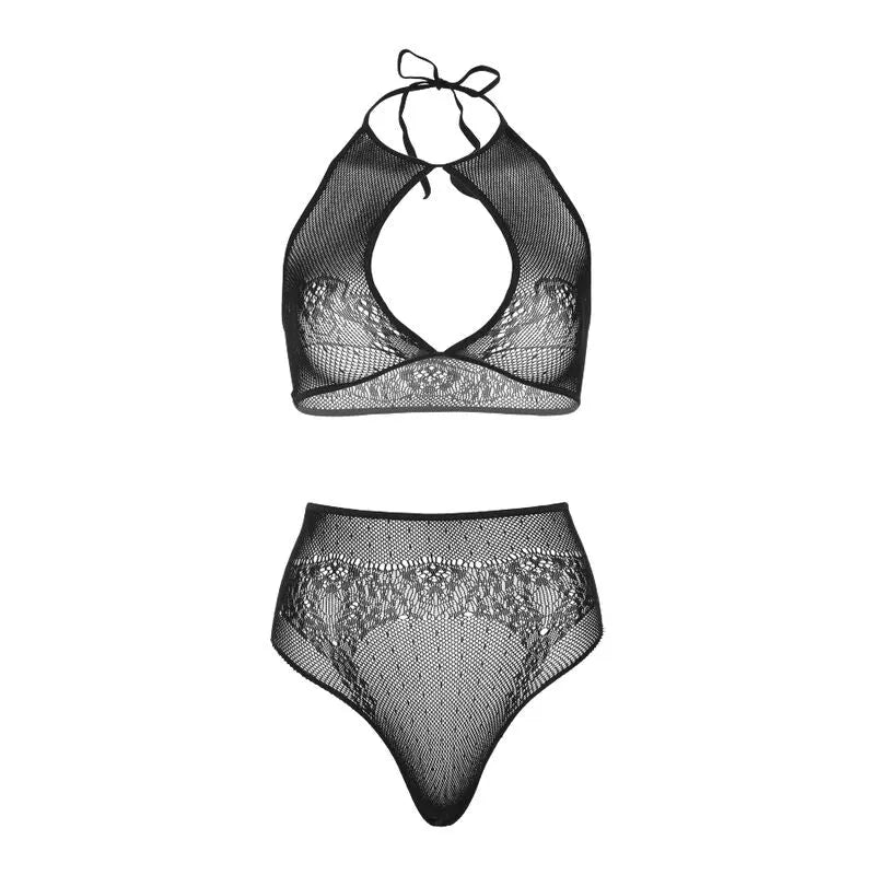 lingerie féminine résille pois dentelle ensemble deux pièces haut court dos nu culotte string taille haute
