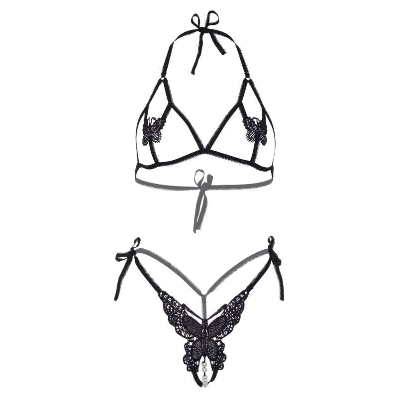 Ensemble lingerie noir résille papillon perles, soutien-gorge ouvert et string, design Leg Avenue, boîte luxe.