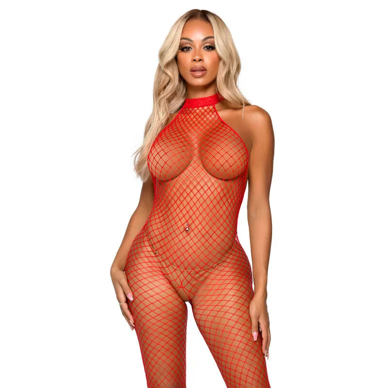 combinaison dos nu résille industrielle rouge taille unique nylon élasthanne col nageur sophistiqué boîte carton luxe séduction élégance silhouette flatteuse