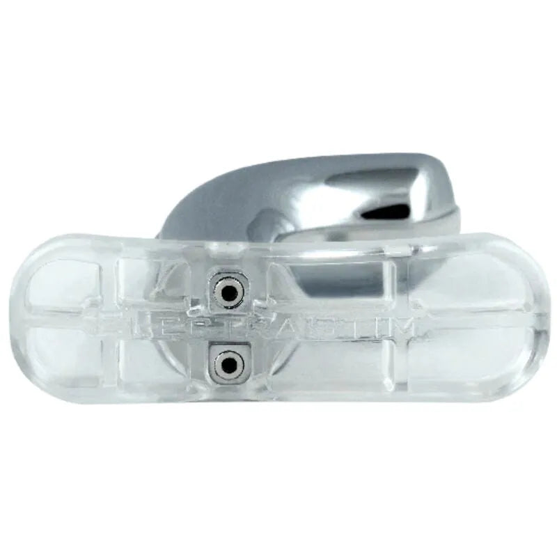Masseur de prostate ElectraStim en métal argenté avec base en polycarbonate transparent, design incurvé et démontable.