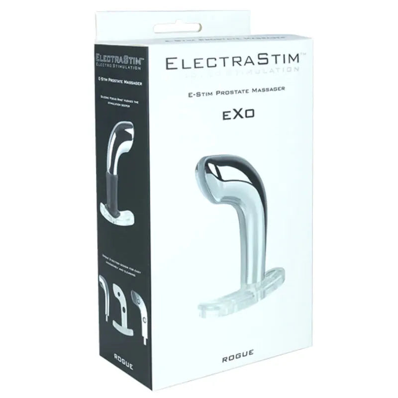Masseur de prostate ElectraStim Exo Rogue en métal argenté, forme incurvée avec tête bulbeuse, sur fond blanc.