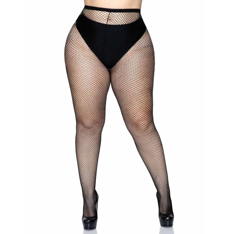 Collants résille grande taille noirs, ceinture cousue, motif sophistiqué, élégance et confort pour sublimer la silhouette.