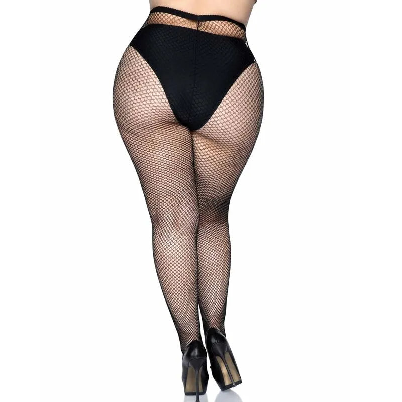 Collants résille grande taille noirs, ceinture cousue, motif sophistiqué, élégance et confort pour sublimer la silhouette.