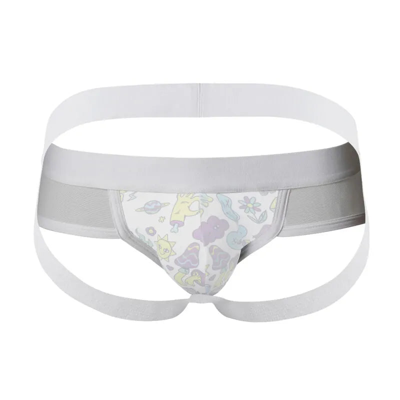 Jockstrap sport homme blanc avec motifs colorés, poche avant ergonomique, ceinture et bandes de maintien confortables.