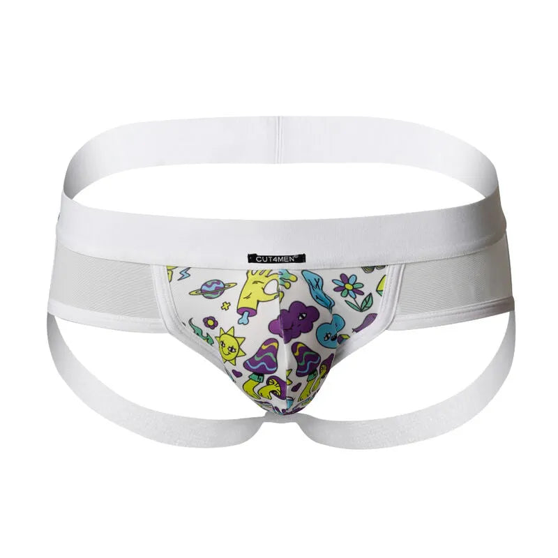 Jockstrap blanc Cut4men avec poche avant ergonomique à motifs colorés, idéal pour sport et confort quotidien.