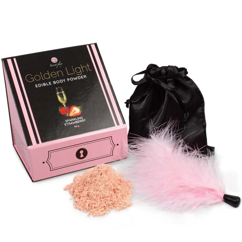 Poudre comestible dorée Secretplay, Fraise pétillante, Plumeau, Kit SENSORIEL pour érotisme et sensualité