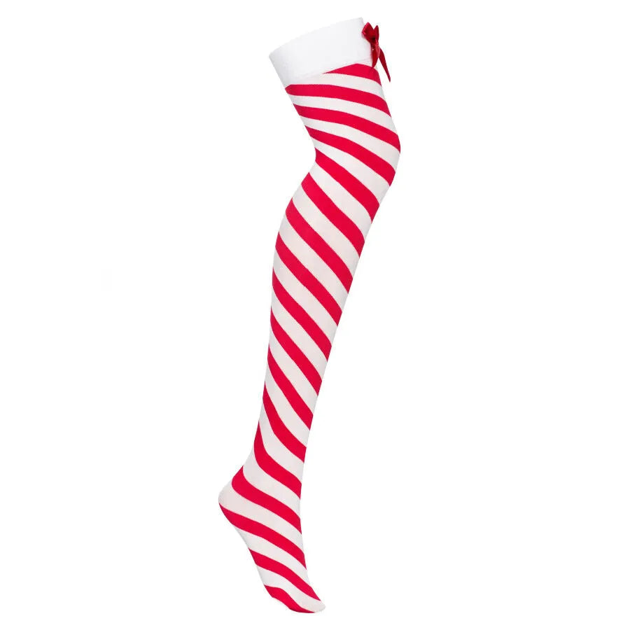 Collants rayés rouges et blancs, design ludique et sexy, matière extensible, confort optimal, tailles S M L.