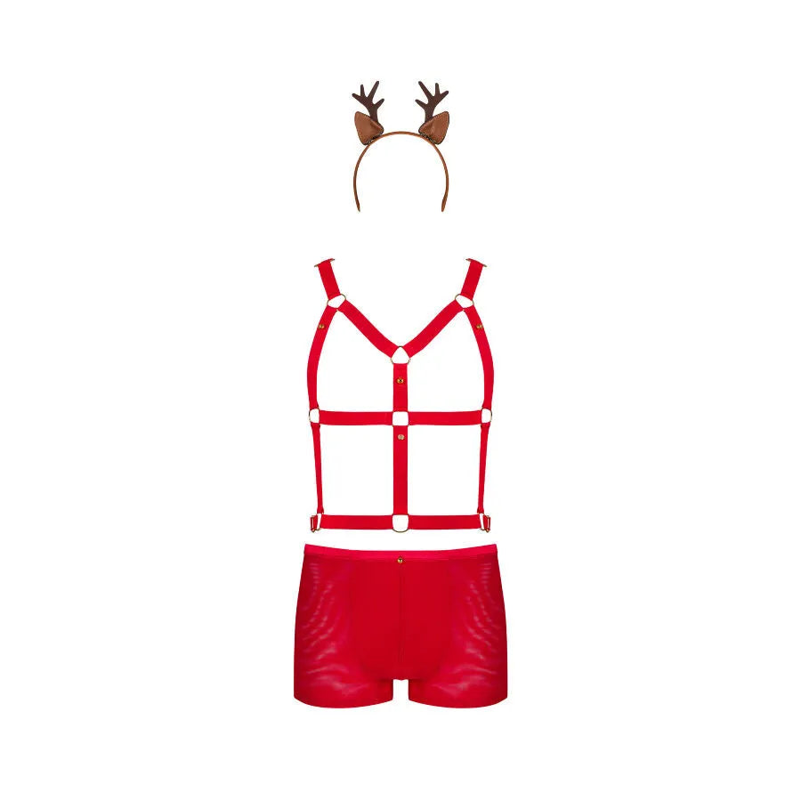Ensemble lingerie rouge harnais réglable avec bandeau oreilles de renne, culotte maille élastique séduisante et confortable.