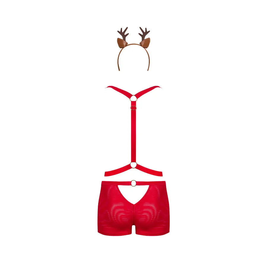Ensemble lingerie rouge harnais réglable, culotte maille, bandeau oreilles de renne, séduisant et confortable.