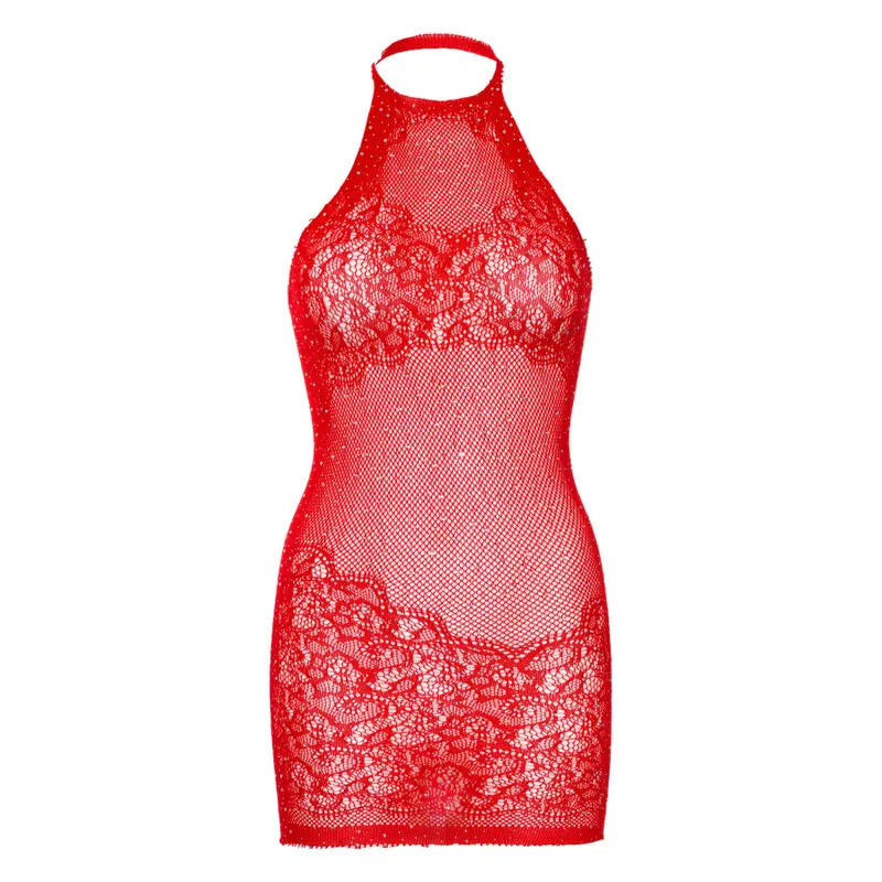 mini robe dos nu dentelle filet strass rouge lingerie sexy féminine ajustée extensible nylon élasthanne scintillante transparente taille unique séduisante
