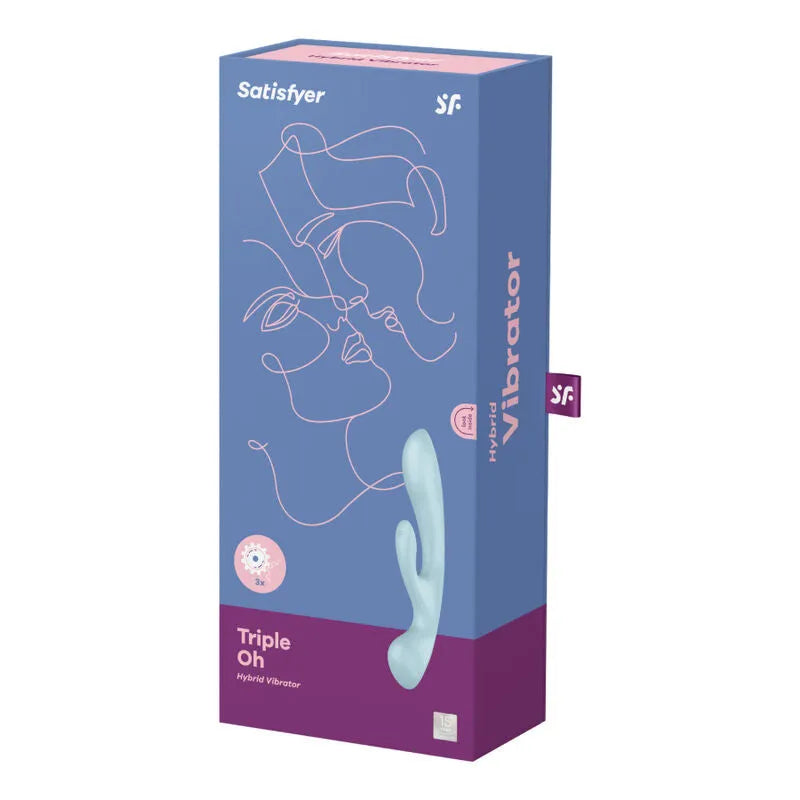 Vibromasseur Satisfyer Triple Oh Bleu Stimulation Clitoridienne G-Spot Multi-Vitesses Silicone Confort Femme Couple