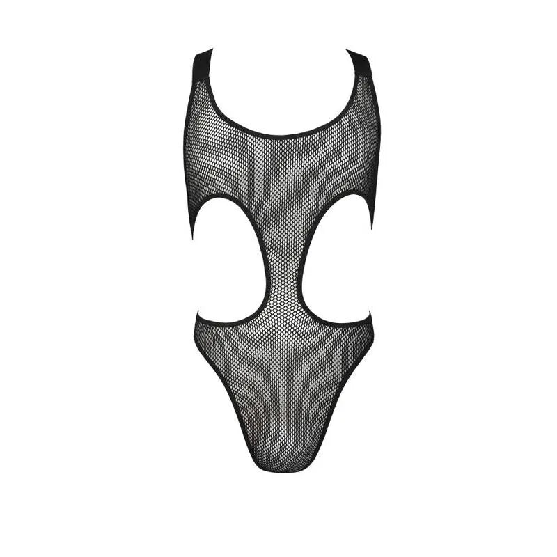 Body lingerie noir en maille polyester élasthanne, découpes élégantes, certifié Oeko-Tex, fabriqué en Pologne.