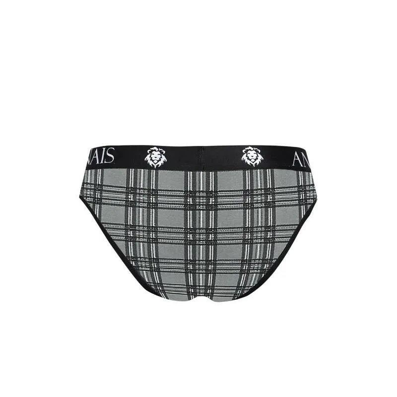 Slip homme à carreaux noirs, gris et blancs, bande élastique noire avec logo Anais, microfibre douce et confortable.