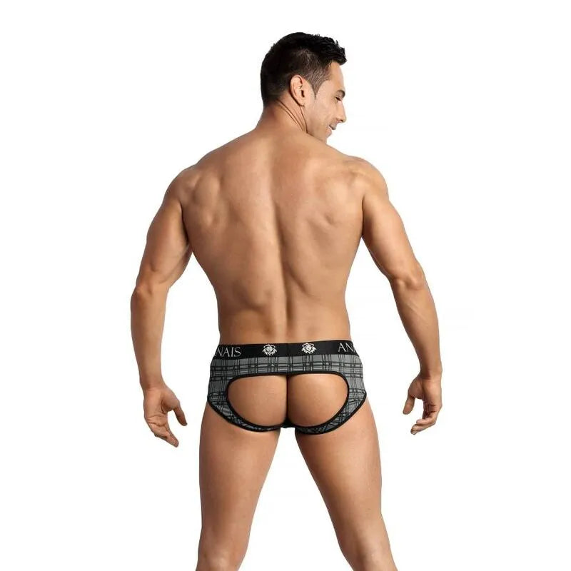 Slip bikini homme à carreaux noirs, gris et blancs, coupe audacieuse, fesses ouvertes, microfibre douce, Anais Apparel.