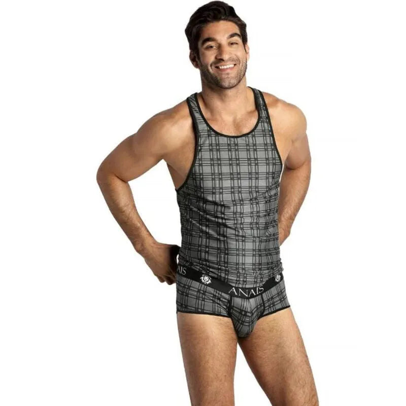 Anais Balance haut homme lingerie microfibre carreaux noir gris blanc sans manches sexy fabrication europeenne polyamide elasthanne ajustement parfait