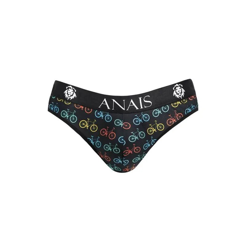 Slip homme Anais noir avec motifs vélos colorés, bande élastique large à la taille, confort et style moderne.