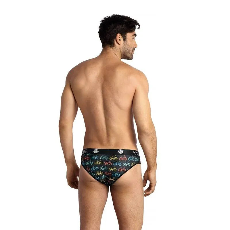 Slip homme Anais noir avec motifs vélos colorés, taille élastique, coupe sexy et confortable, vue de dos.