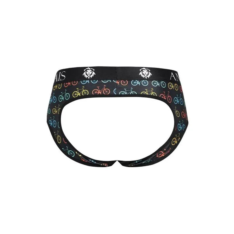 Slip bikini homme noir avec motifs colorés, fesses ouvertes, coupe audacieuse, matière polyamide et élasthanne.