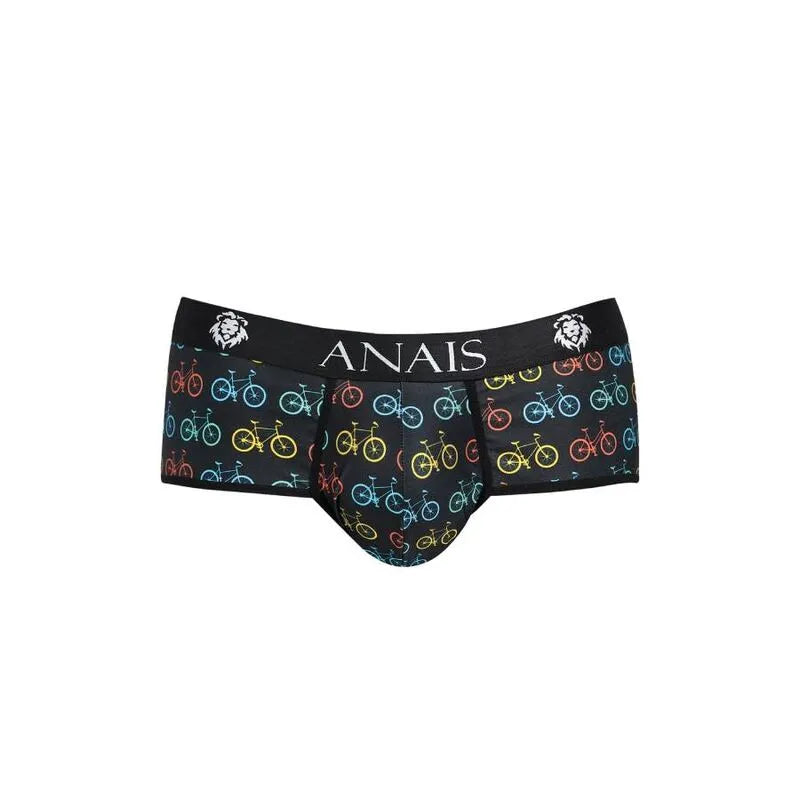 Slip sportif ANAIS MEN noir avec motifs vélos colorés, ceinture élastique logo ANAIS, ajustement parfait, haute qualité.