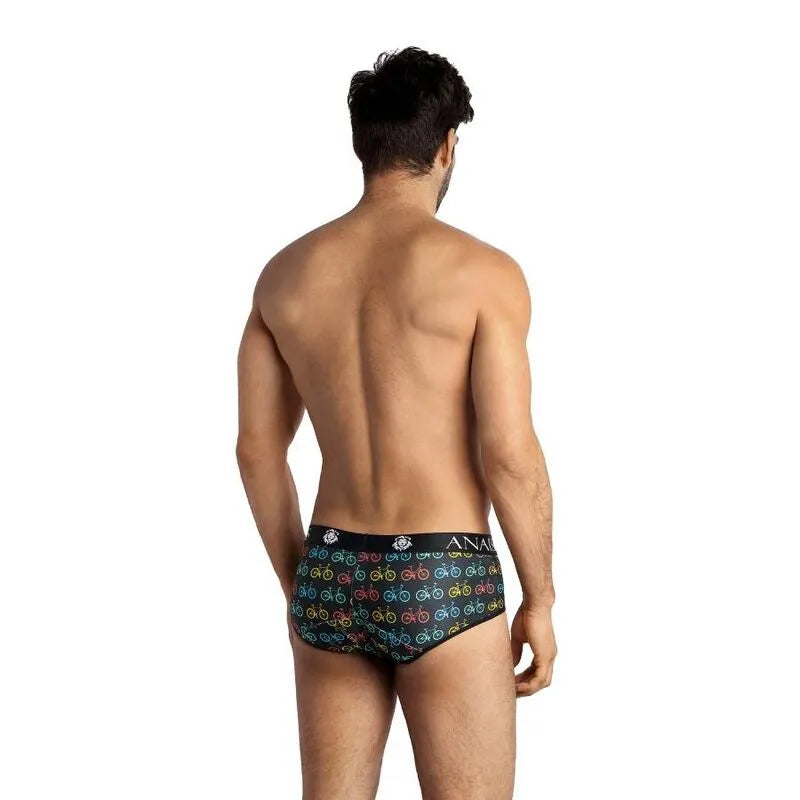 Slip sportif ANAIS MEN Benito noir à motifs vélos colorés, ajustement parfait, jambes courtes, matériaux de qualité.