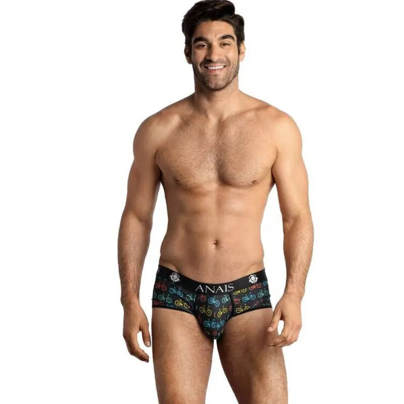 Slip sportif ANAIS MEN Benito noir, motifs colorés, ajustement parfait, jambes courtes, matière haute qualité.