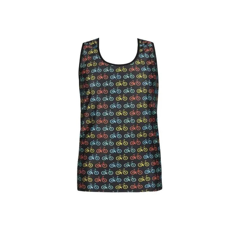 Débardeur Anais Benito homme, ajusté, motif vélos multicolores, polyamide élasthanne, sans manches, style moderne et sexy.