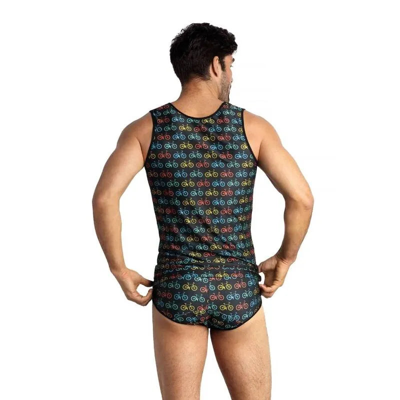 Débardeur homme Anais Benito ajusté, motif vélos colorés, polyamide élasthanne, sans manches, style moderne et sexy.