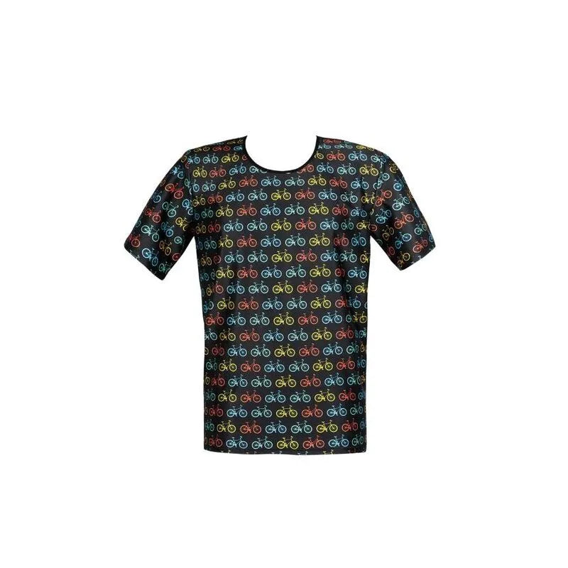 T-shirt ANAIS MEN Benito noir à motifs vélos colorés, ajusté, 94% polyamide, 6% élasthanne, tailles S à 3XL.