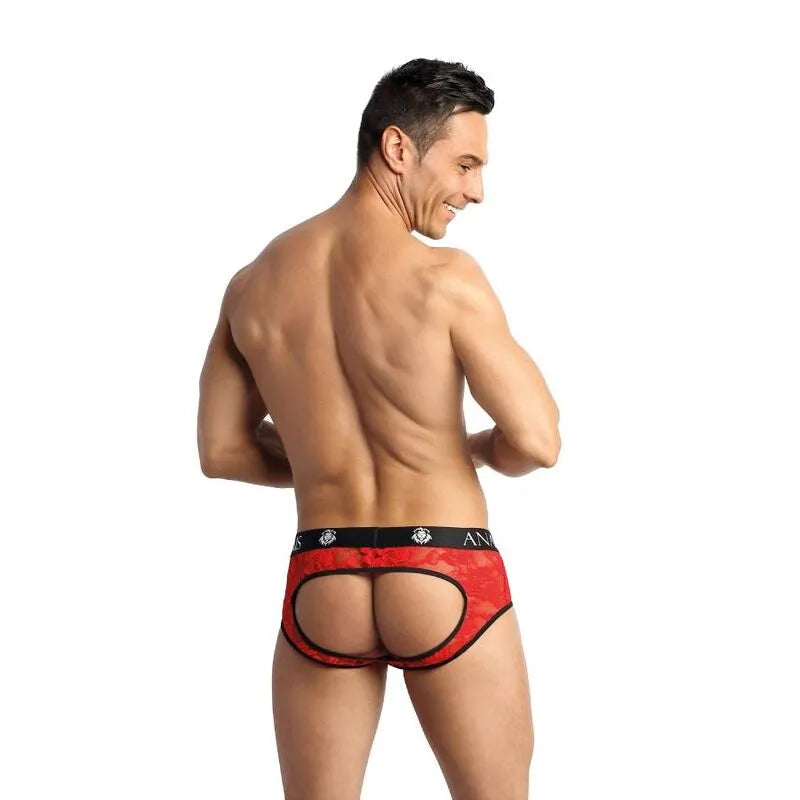 Bikini homme rouge dentelle florale, coupe ouverte fesses, confort et style audacieux, tailles S à XL.