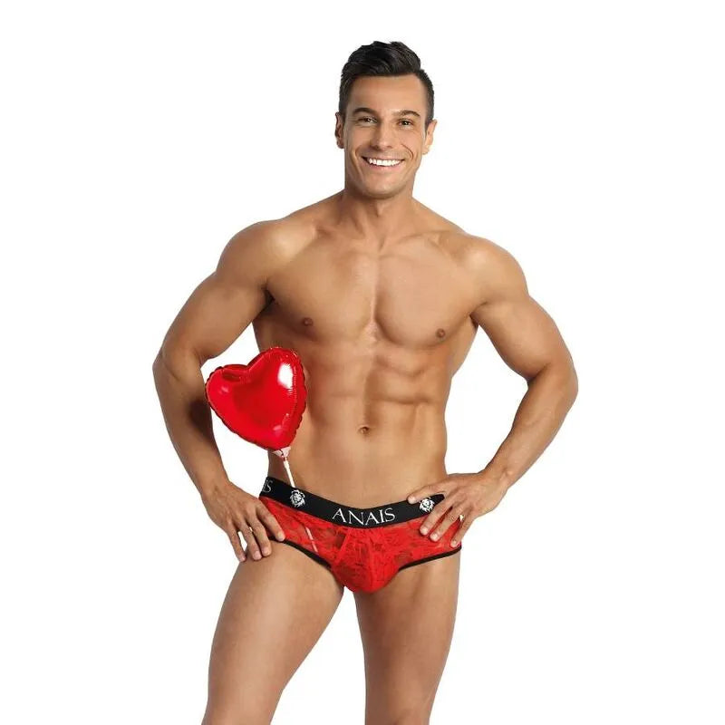 Bikini homme dentelle rouge imprimé fleuri, coupe ouverte, confort extensible, tailles S à XL.