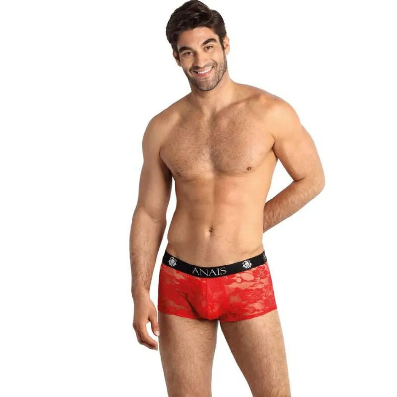 Boxer homme rouge fleuri dentelle, coupe ajustée, jambes longues, soutien parfait, confort et style sportif Anais Apparel.