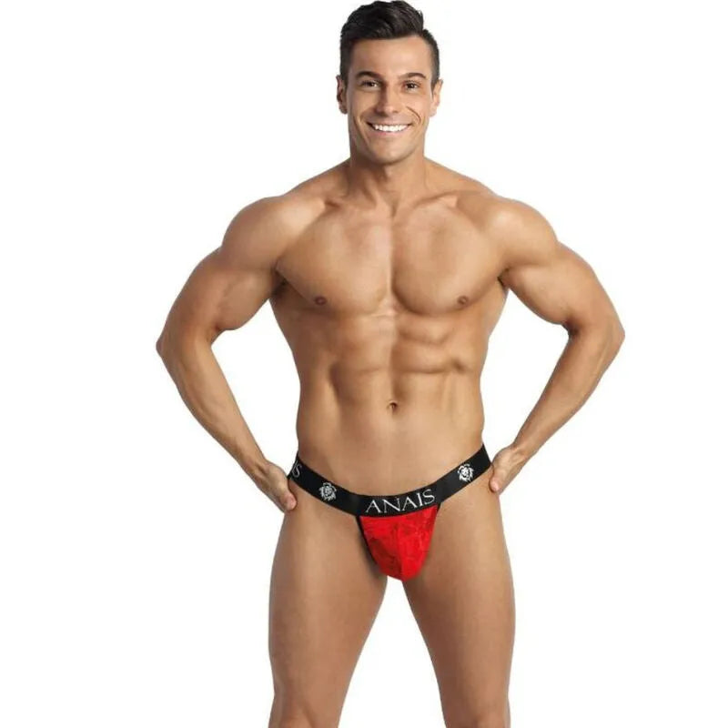 Jockstrap homme en dentelle rouge à imprimé fleuri, coupe audacieuse, polyester et lycra, ajustement parfait.