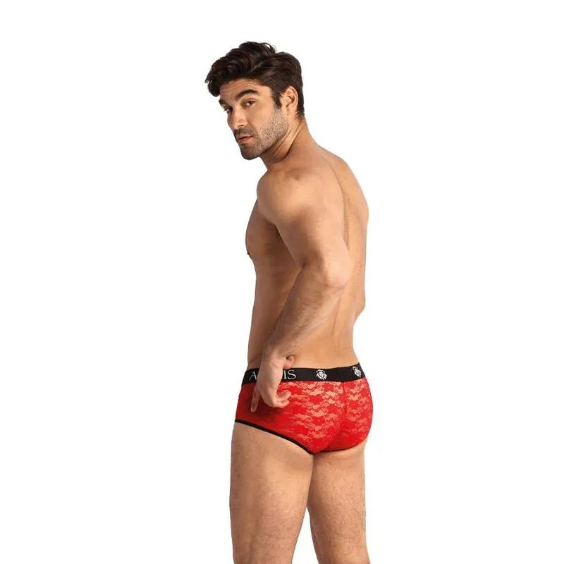 Culotte homme sportive rouge en dentelle florale, coupe courte, ajustement confortable, Anais Apparel.
