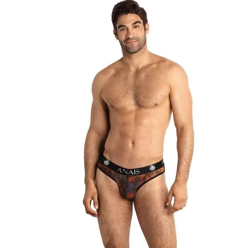 Slip homme Anais Men Chill, tulle noir imprimé palmiers, bande élastique large, confort optimal, style sexy et moderne.