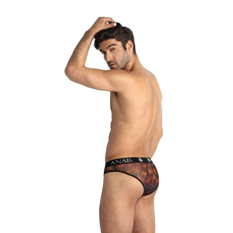 Slip homme sexy en tulle noir imprimé palmiers, bande élastique, confort optimal, Anais Apparel, haute qualité.
