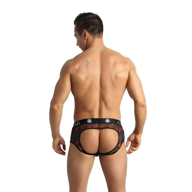 Bikini homme tulle noir imprimé palmiers, coupe audacieuse fesses ouvertes, élégant et confortable.