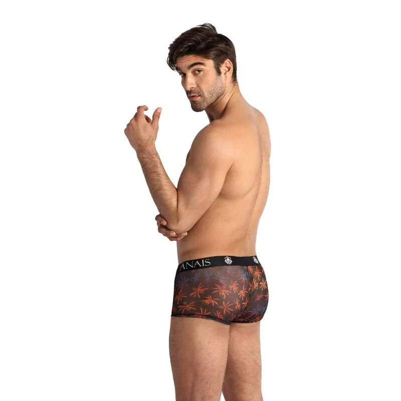 Boxer homme noir imprimé palmiers, ajusté, sportif, confort, confection européenne, style élégant et moderne.
