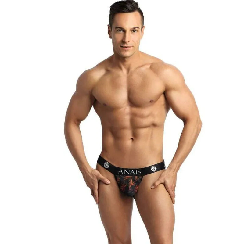 Jockstrap Anais Men noir avec imprimé palmiers, coupe audacieuse révélant les fesses, ajustement parfait et confortable.
