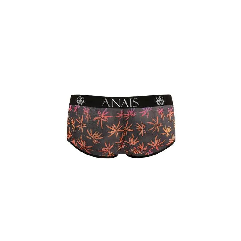 Slip homme Anais Men Chill Brief, tulle noir imprimé palmiers colorés, coupe sportive, ajustement parfait, ceinture logo.